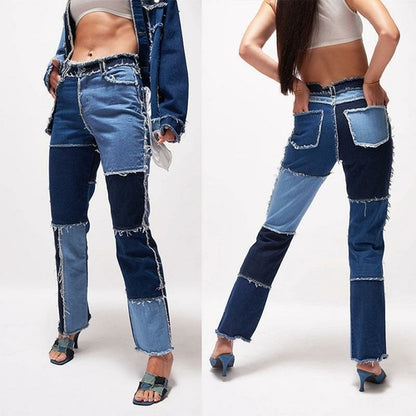 LateurGo Trendy Women's Patchwork Jeans High Waist Slim Fit Denim Pants