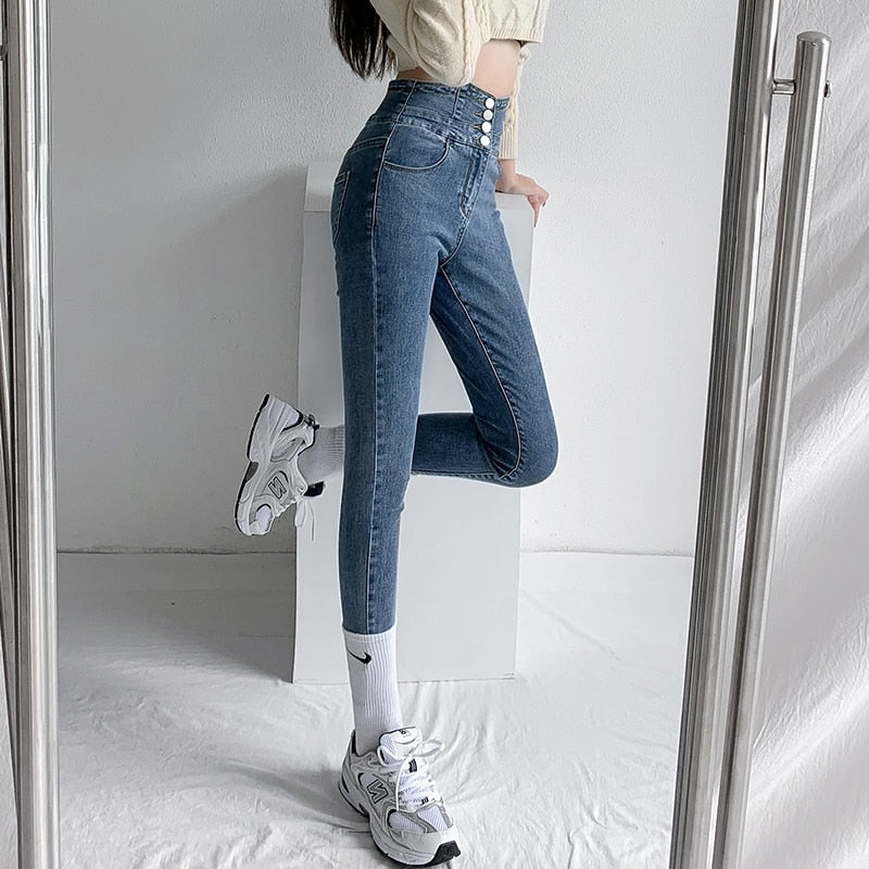 Vintage High Waist Design Skinny Pencil Jeans