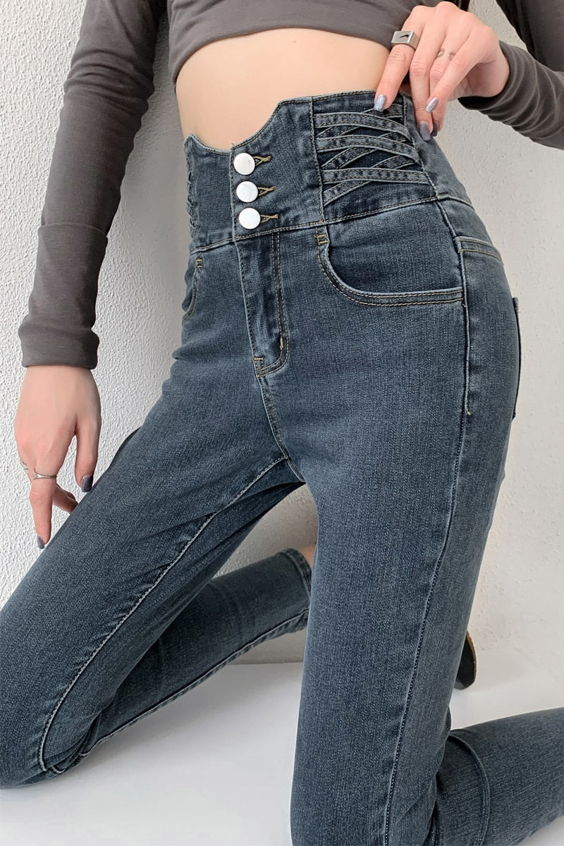 Vintage High Waist Design Skinny Pencil Jeans