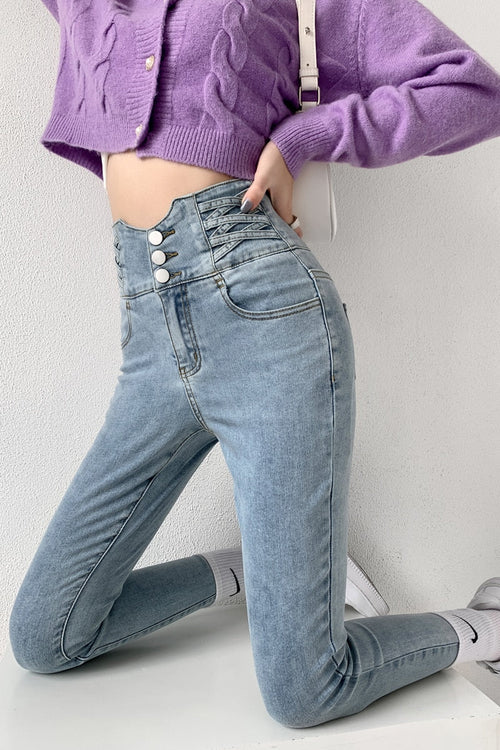 Vintage High Waist Design Skinny Pencil Jeans