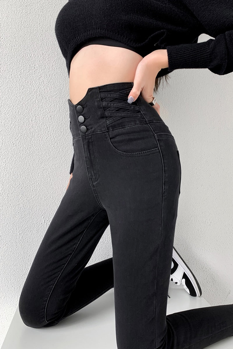 Vintage High Waist Design Skinny Pencil Jeans