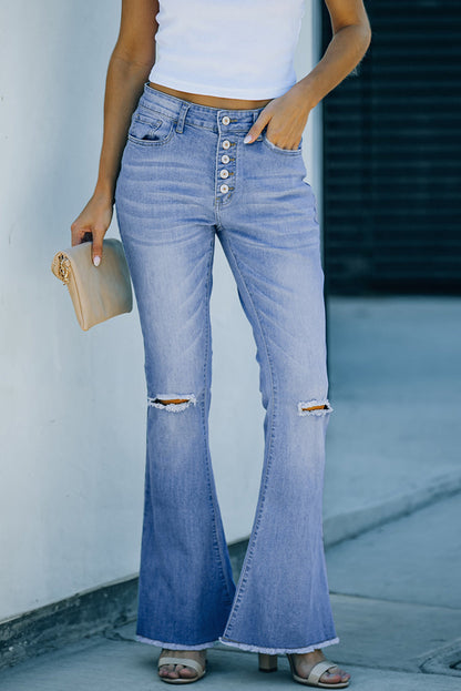 High Rise Distressed Sky Blue Bell Bottom Denims