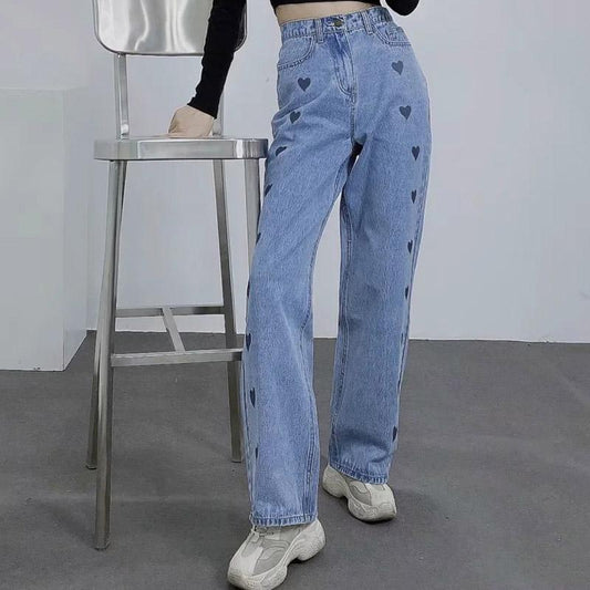 Love Heart Straight Loose Denim Jeans Pants