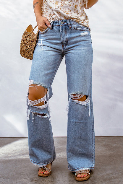 Destroyed Open Knee Sky Blue Wide Leg Jeans | LateurGo