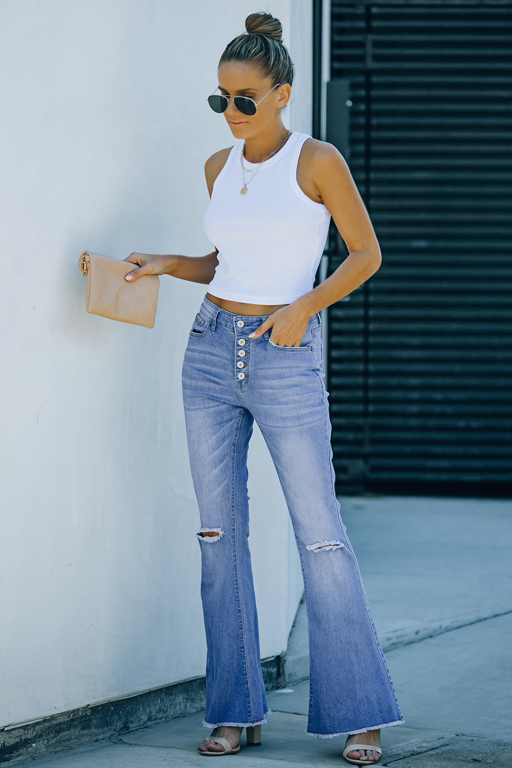 High Rise Distressed Sky Blue Bell Bottom Denims