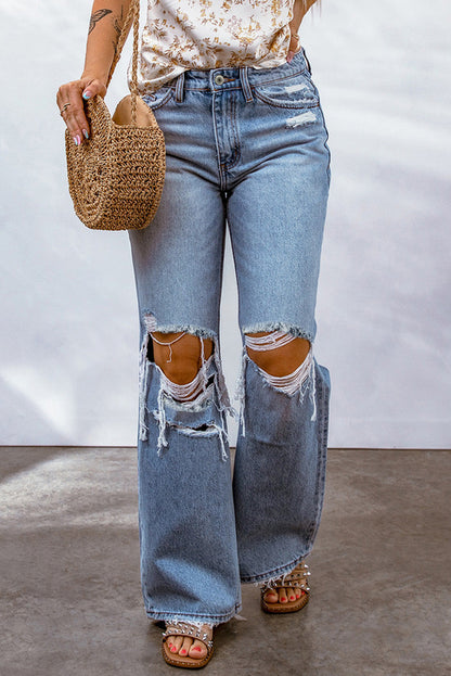 Destroyed Open Knee Sky Blue Wide Leg Jeans | LateurGo