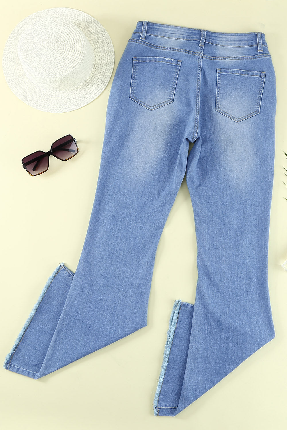 High Rise Distressed Sky Blue Bell Bottom Denims