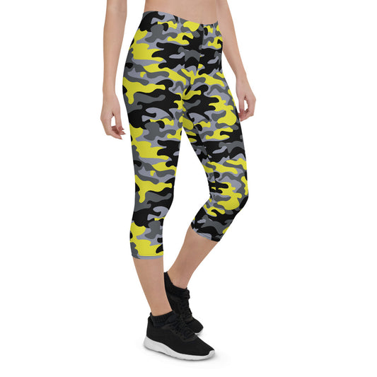 LateurGo Yellow and Gray Camo Capri Leggings - Trendy Activewear