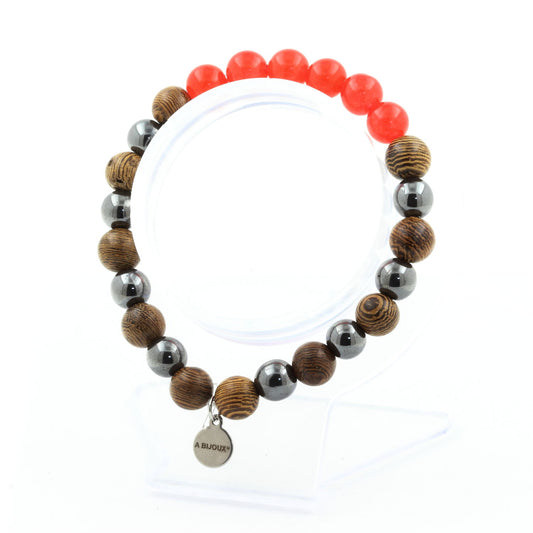 Red Chalcedony + Hematite + Wood Bracelet