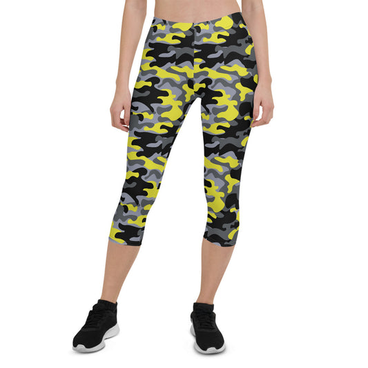 LateurGo Yellow and Gray Camo Capri Leggings - Trendy Activewear