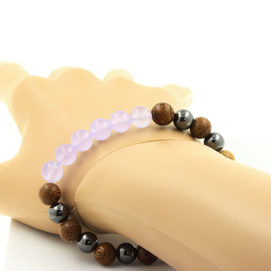 Lavender chalcedony + Hematite + wood 8 mm beads Bracelet.