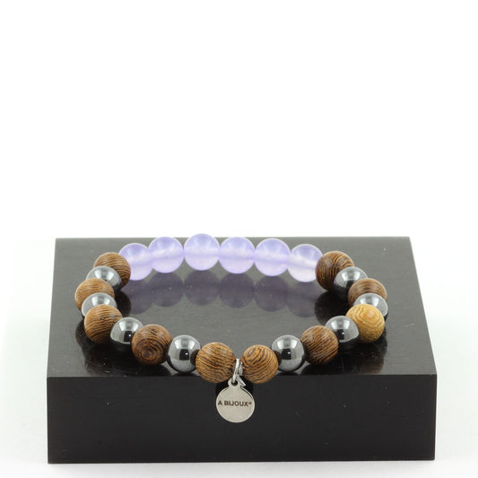 Lavender chalcedony + Hematite + wood 8 mm beads Bracelet.