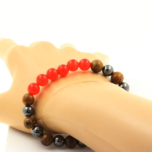 Red Chalcedony + Hematite + Wood Bracelet