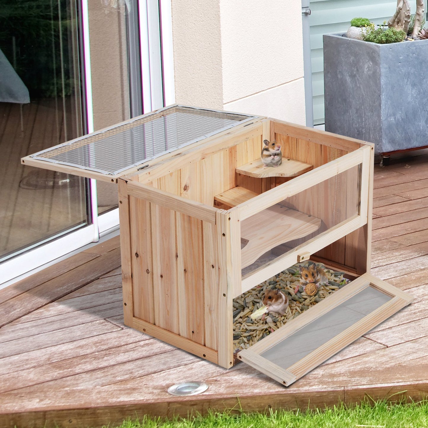 LateurGo PawHut Wooden Hamster Cage - 2 Levels for Small Animals