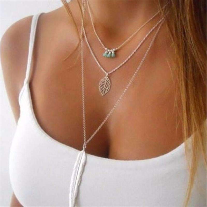 LateurGo Turquoise Leaf Feather Multi-Layer Necklace - Stylish Boho Jewelry
