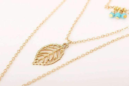 LateurGo Turquoise Leaf Feather Multi-Layer Necklace - Stylish Boho Jewelry