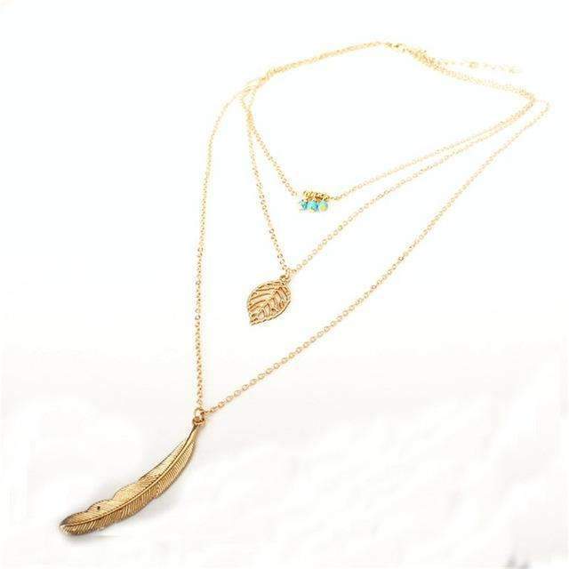 LateurGo Turquoise Leaf Feather Multi-Layer Necklace - Stylish Boho Jewelry