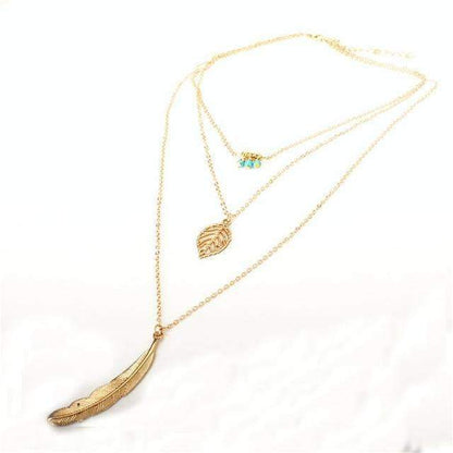 LateurGo Turquoise Leaf Feather Multi-Layer Necklace - Stylish Boho Jewelry
