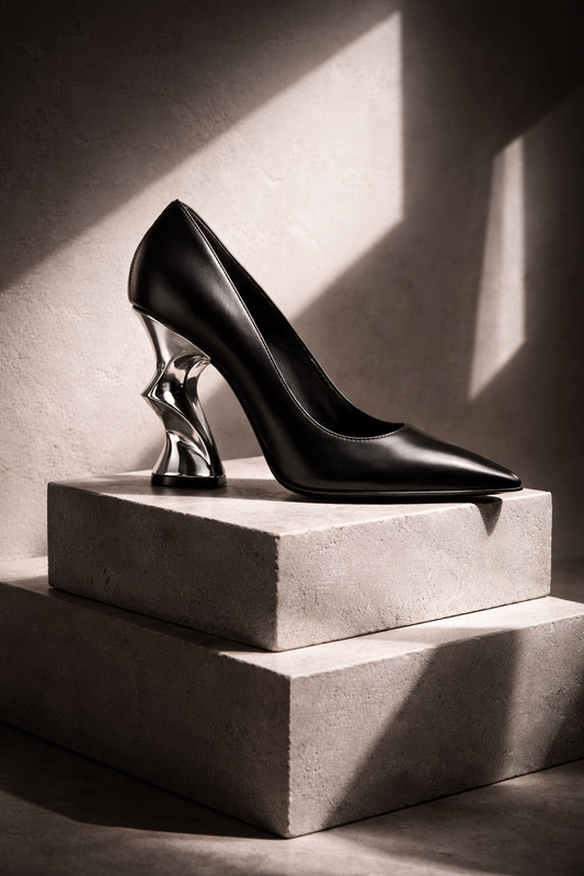 Artistic campaign image of Noir Atelier™ Sculpted Heel, statement luxury footwear by LateurGo.