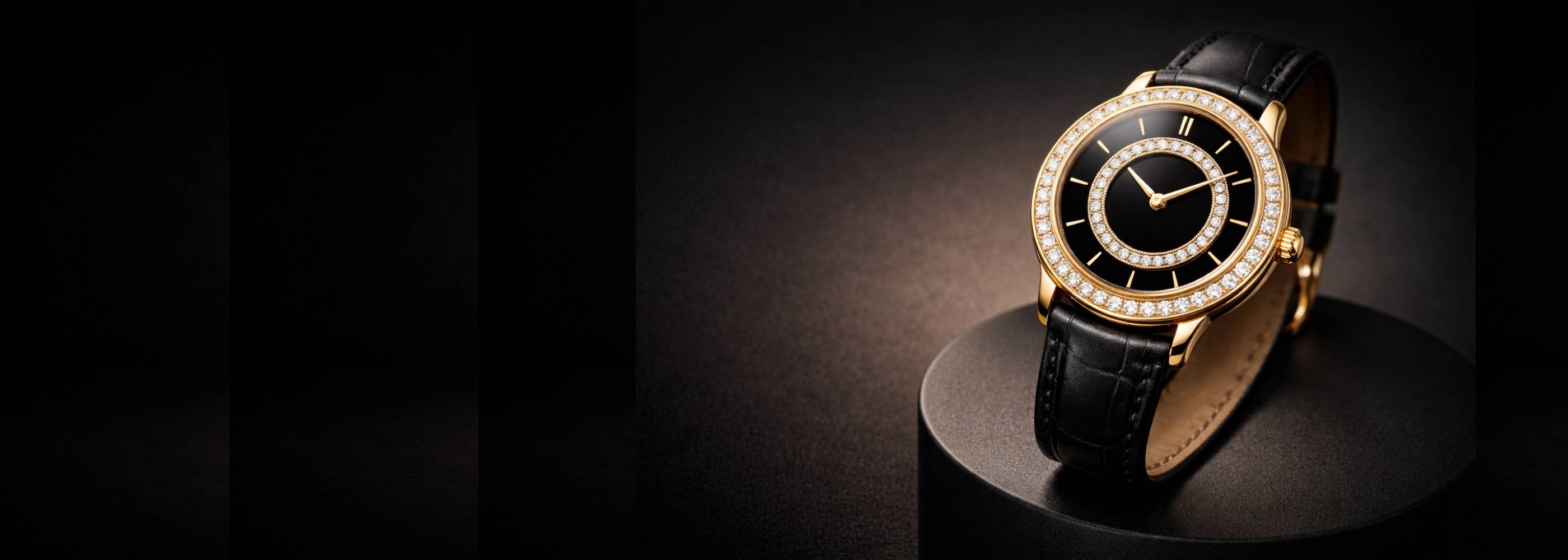 Noir Stella™ Double Diamond Signature watch in polished 18K gold with black leather strap, luxury timepiece by LateurGo.