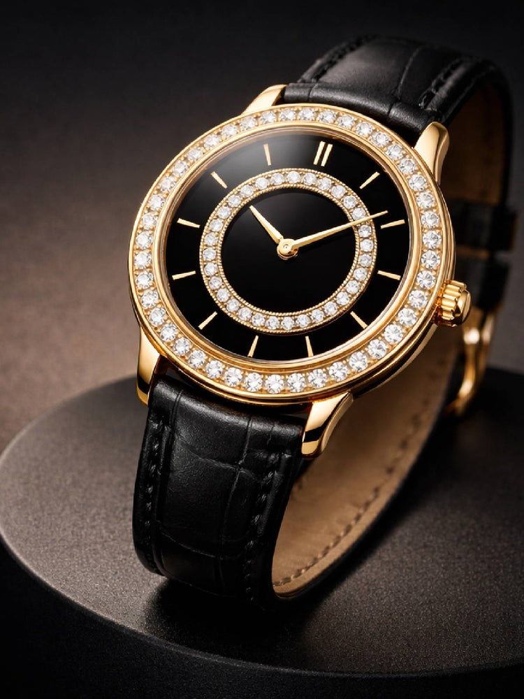 Noir Stella™ Double Diamond Signature watch in polished 18K gold with black leather strap, luxury timepiece by LateurGo.