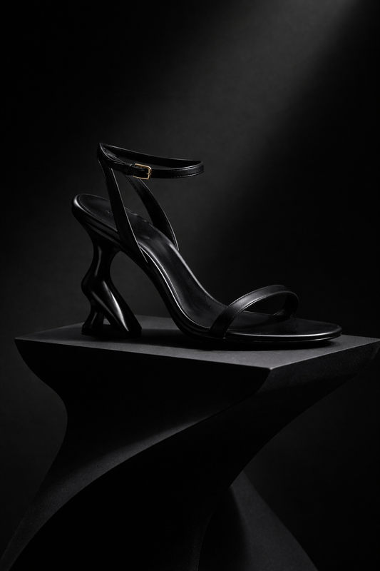 Obsidian Motion™ Couture Sandal in black calfskin by LateurGo™, sculptural high-fashion sandal with architectural heel presented in a luxury studio setting.