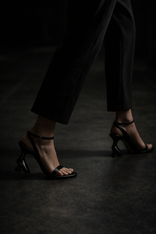 LateurGo™ Obsidian Motion™ Couture Sandal worn in motion, showcasing sculptural elegance and refined posture in a luxury evening setting.