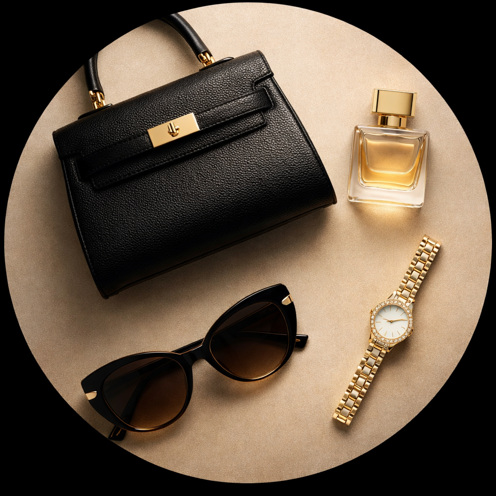 Luxury accessories flat lay featuring designer handbag, sunglasses, gold watch, and perfume.