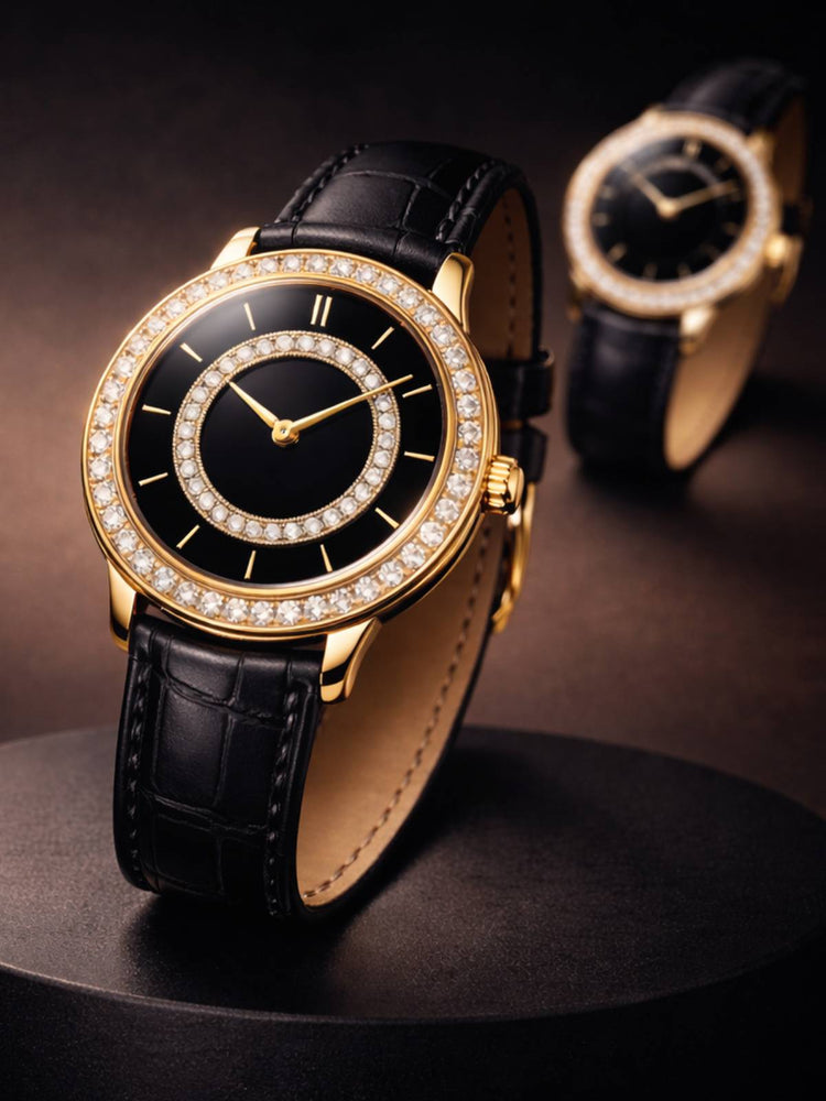 Two Icons One Signature 18K gold diamond watches from the Noir Stella collection by LateurGo.