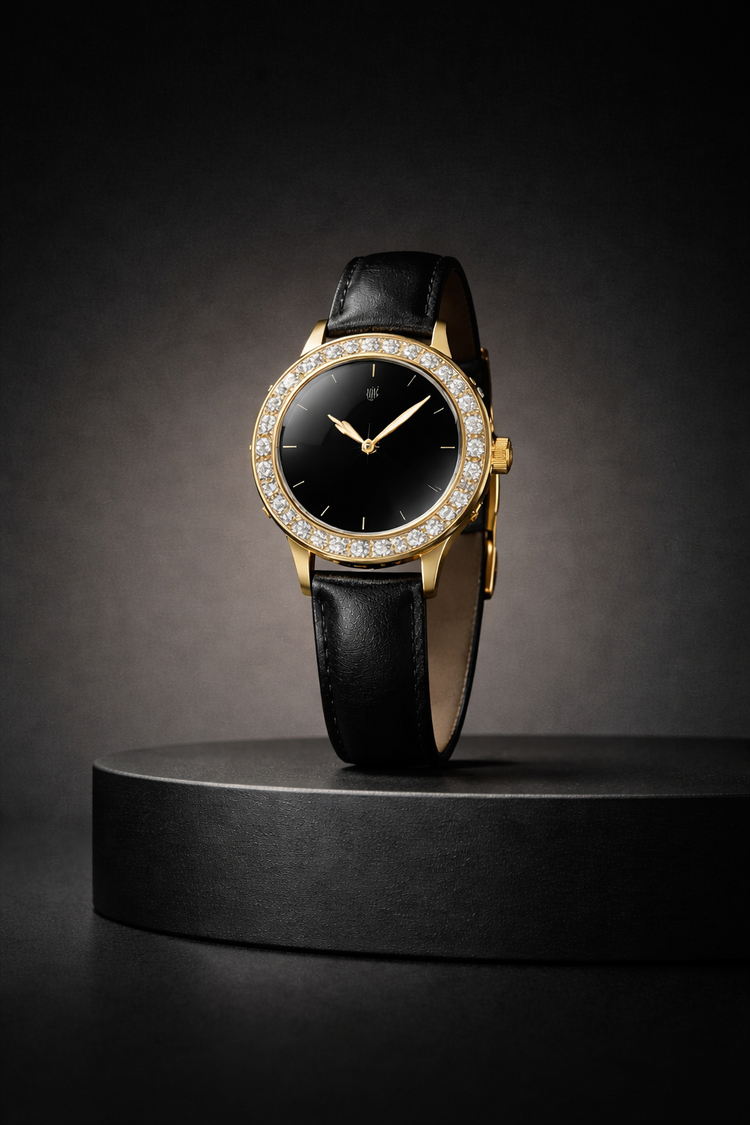 Noir Stella™ diamond watch in 18K gold with black leather strap, luxury timepiece by LateurGo.