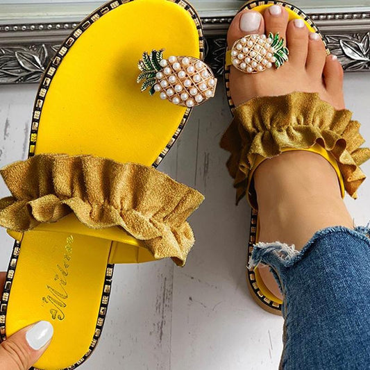 LateurGo Summer Beach Pineapple Flat Slippers - Ladies' Outside Slides